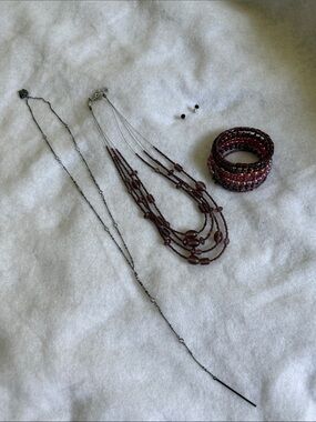Multi-Strand Burgundy Bead Necklace, Earrings, and Bracelet Set